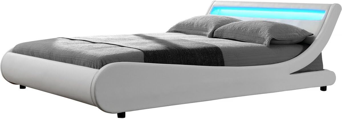 Habitat et Jardin - Lit Double Natacha en Simili Blanc avec LED Intégrées 140 x 190 cm, Cadre de Lit 2 Places Design, Sommier à Lattes Inclus