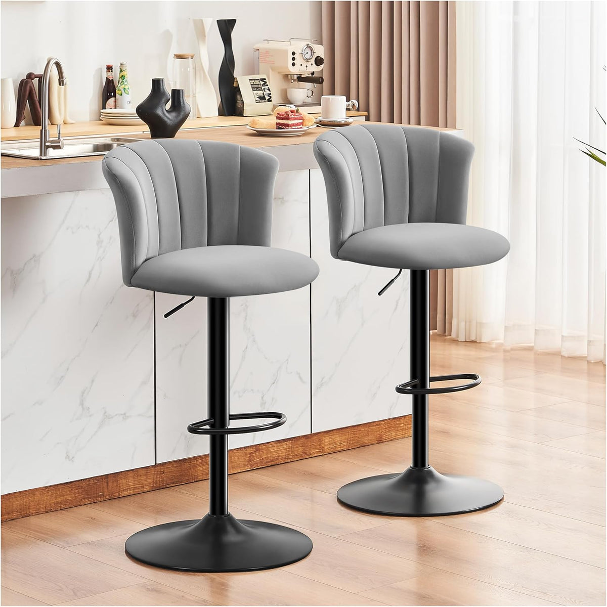 Chaise de Bar Lot de 2 Tabouret de Bar Tissu Velours Soie, Cuisine Siège Bar Réglables, Tabourets de Bar Rotatif sur 360°