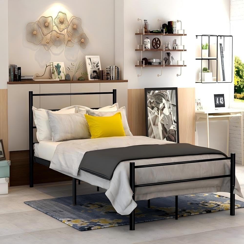 Ensemble Sommier et Matelas 90x190CM Epaisseur 14CM avec Couette Oreiller, Cadre de Lit Tete Metal,2 Colis, Assemblage Requis (90x190CM)