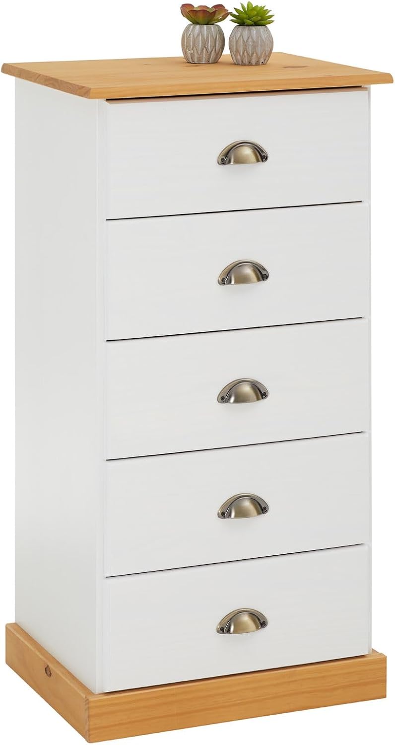IDIMEX Chiffonnier Paris L 48 cm en pin Massif Blanc et Brun 5 tiroirs Commode Petit Meuble de Rangement Haut pour Chambre ou Salle de Bain 48 x 95 x