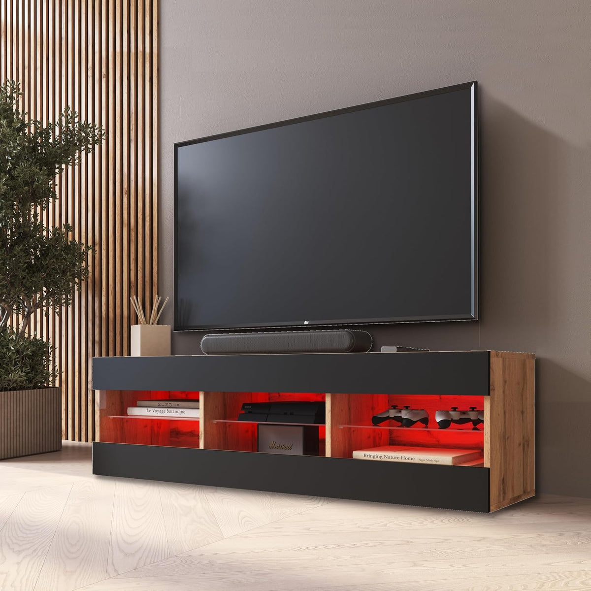 Komodee Banc TV Tivoli, Noir Wotan, Largeur 140 cm x Hauteur 40,5 cm x Profondeur 35,5 cm, LED RVB, pour Salon, Chambre