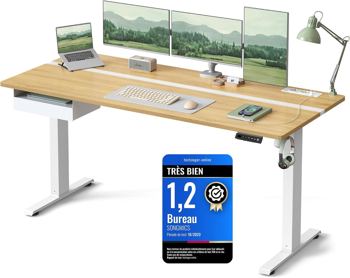 VASAGLE Bureau Électrique Réglable en Hauteur, Bureau Assis-debout, Multiprise, Tiroir, 70 x 160 cm, Réglable en Continu