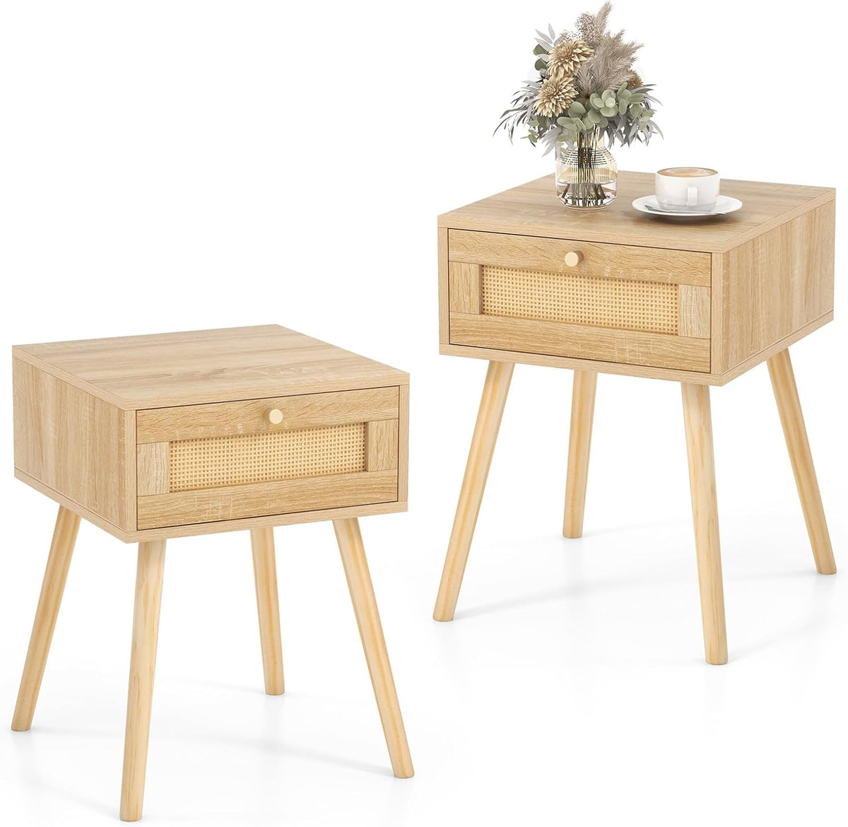COSTWAY Table de Chevet en Rotin, Table de Nuit Bois avec Tiroir et 4 Pieds en Pin, Chevet de Lit pour Chambre, Salon, Style Naturel