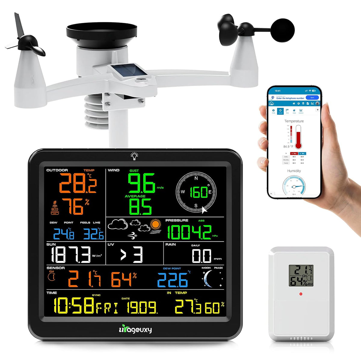 Urageuxy Station Météo WiFi Connectée avec Grand Écran Couleur HD 8,8', Capteur Extérieur 100m, Multi-Zones 8 Capteurs, Alertes Météo