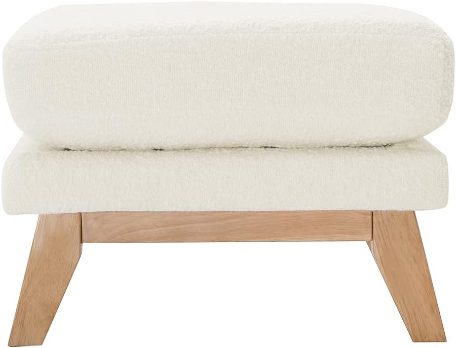 Miliboo Pouf Repose-Pieds déhoussable scandinave en Tissu Effet Laine bouclée Blanc cassé et Bois Clair Oslo