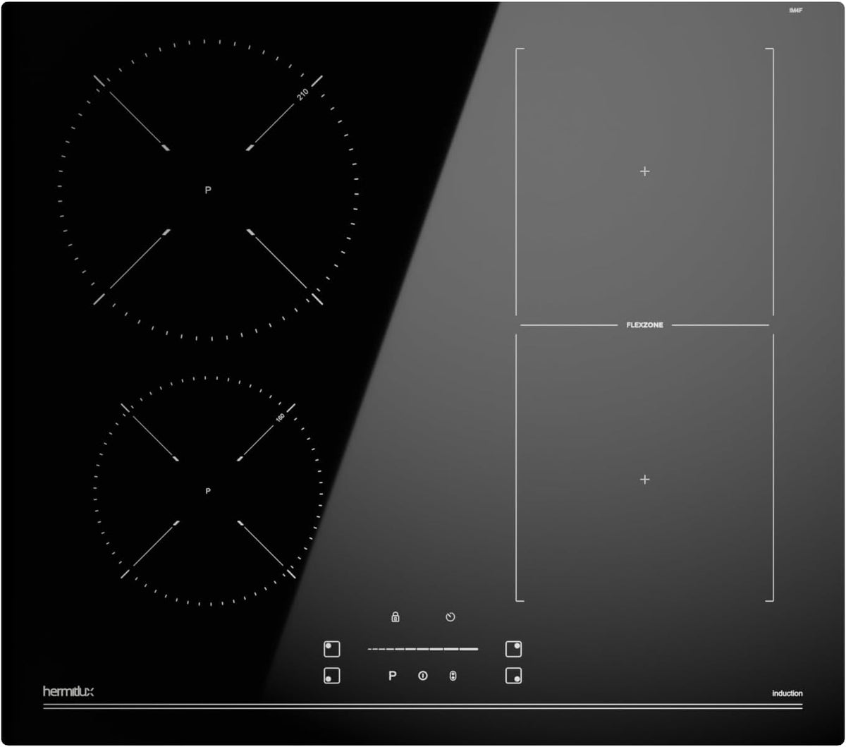 Hermitlux Plaque Induction Flexizone 4 Feux 60 cm, Encastrable Table de Cuisson Induction 7400W avec 9 Niveaux de Puissance, Booster, Minuterie
