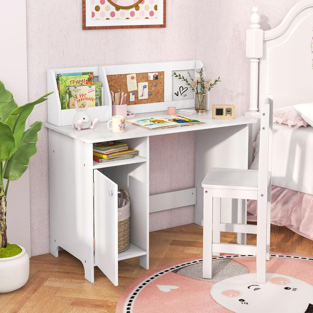 DREAMADE Bureau Enfant en Bois avec Chaise Ergonomique, Table d'Etude et Chaise Enfants avec Étagère, Tableau Blanc, Tableau d'Affichage