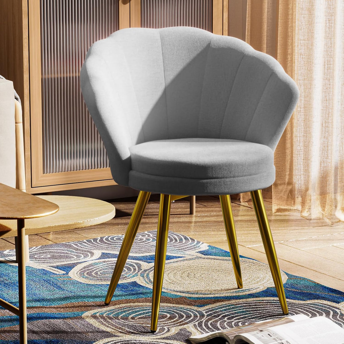 Fauteuil Coquillage, Chaise Coiffeuse Velours, Fauteuil Salon Confortable avec Pieds en Métal l'or, pour Salon, Chambre, Tabouret Coiffeuse