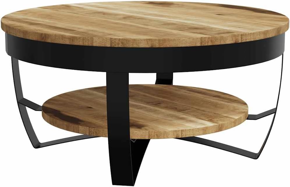 Table Basse Industrielle Vintage en Bois de Manguier Massif Brut 65x32 cm avec Étagère, Meuble Salon Déco Rustique