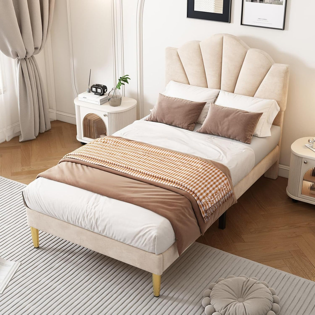 Lit 90x200cm avec Sommier à Lattes, Lit 1 Place Capitonné en Velours, Tête en Forme de Coquille Réglable en Hauteu, Pieds en Fer Doré