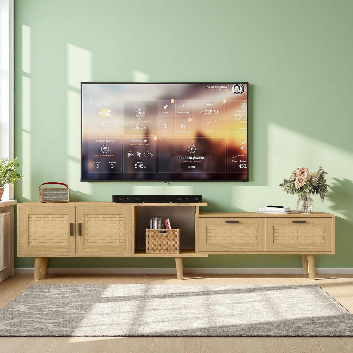 Meuble TV 180, Longueur Réglable, Banc TV Effet Rotin Cannage pour TV Jusqu'à 75 Pouces, Buffet TV avec 2 Tiroirs et 2 Portes