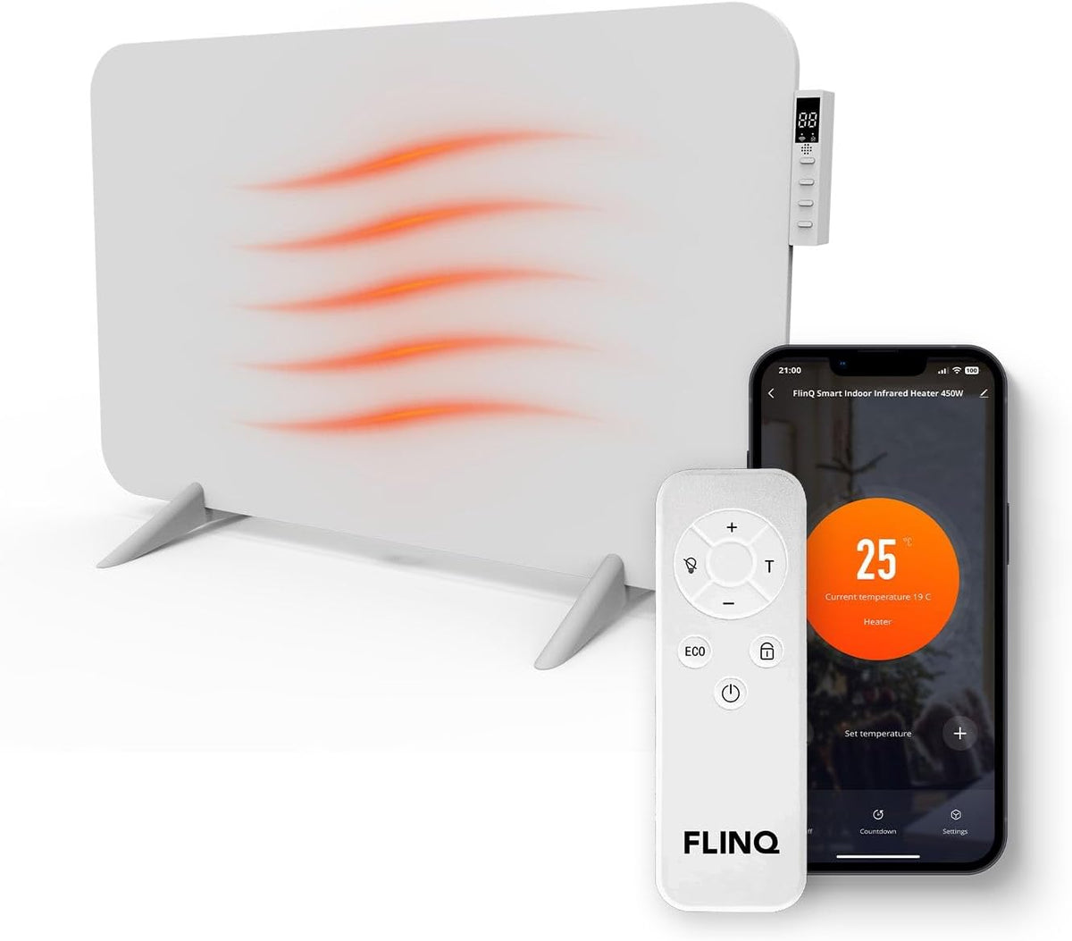 FlinQ Radiateur Infrarouge 800W - Blanc, Chauffage électrique mural connecté, Économie d'énergie, IP44 salle de bain, Thermostat réglable