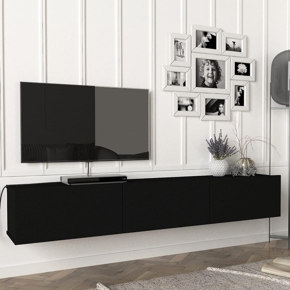en.casa Meuble TV Mural Support Télé Suspendu avec Étagères Fermées Espace de Rangement Flottante pour Salon Banc Télévision Panneau de Particules 180