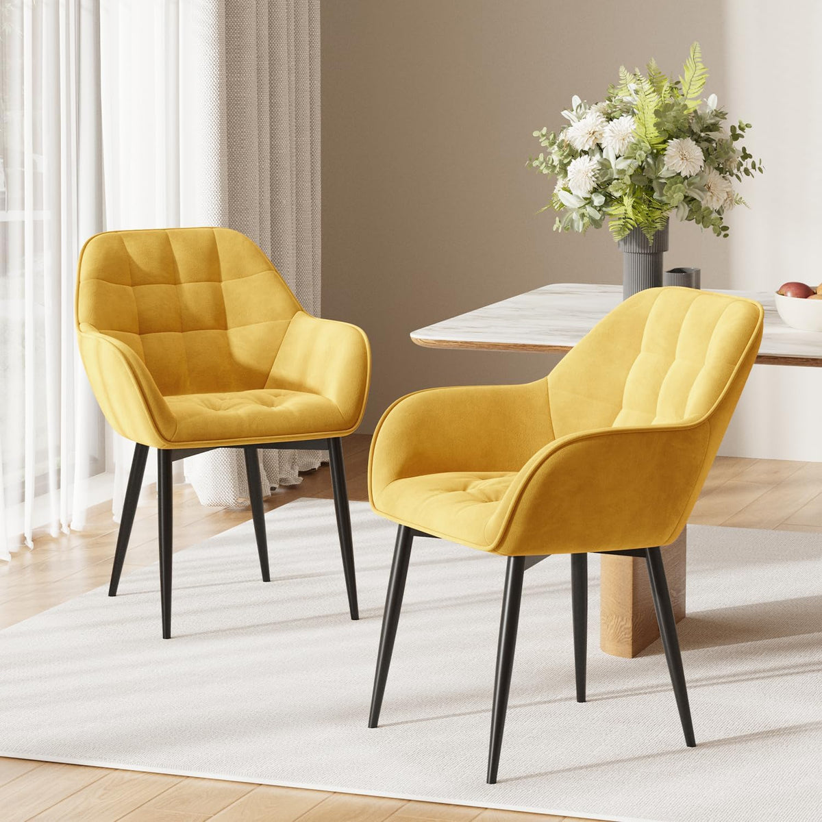 ELUCHANG Chaises de Salle à Manger avec Accoudoirs, Lot de 2, Jaune Velvet Épais Rembourré, pour Cuisine, Salon, Coiffeuse, Dressing, Confort Optimal