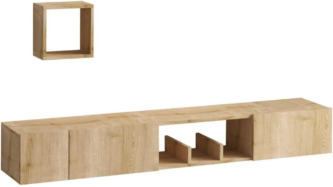 Calicosy Meuble TV Suspendu 1 Niche 3 Portes Décor Chêne Saphir Avior - L180 cm - Gain de Place