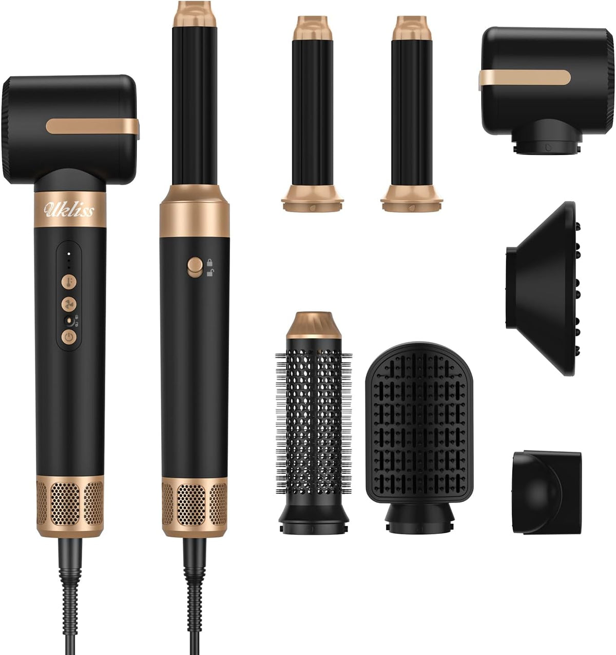 UKLISS Sèche Cheveux 7 en 1, Sèche-Cheveux avec Diffuseur Ionique Avec Brosse Lissante pour Cheveux, Boucleur, Coiffante Chauffante, 3 Temperature