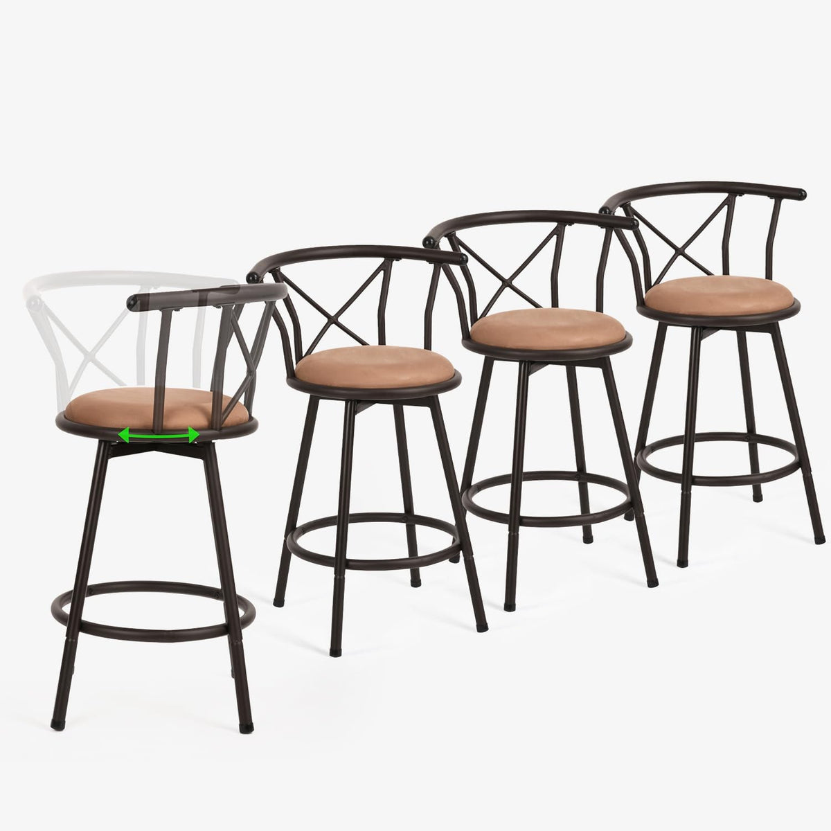 Meuble Cosy Lot de 4 Tabourets de Bar Chaises Vintage pivotant sur 360° avec Dossier et Repose-Pieds Siège de 63cm de Haut Style Industriel Marron