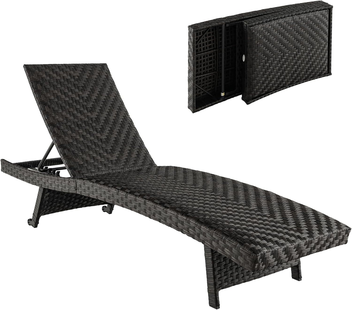 LIFEZEAL Chaise Longue de Jardin Pliante en Rotin PE avec Dossier Réglable en 5 Positions, Fauteuil de Relaxation à 2 roulettes