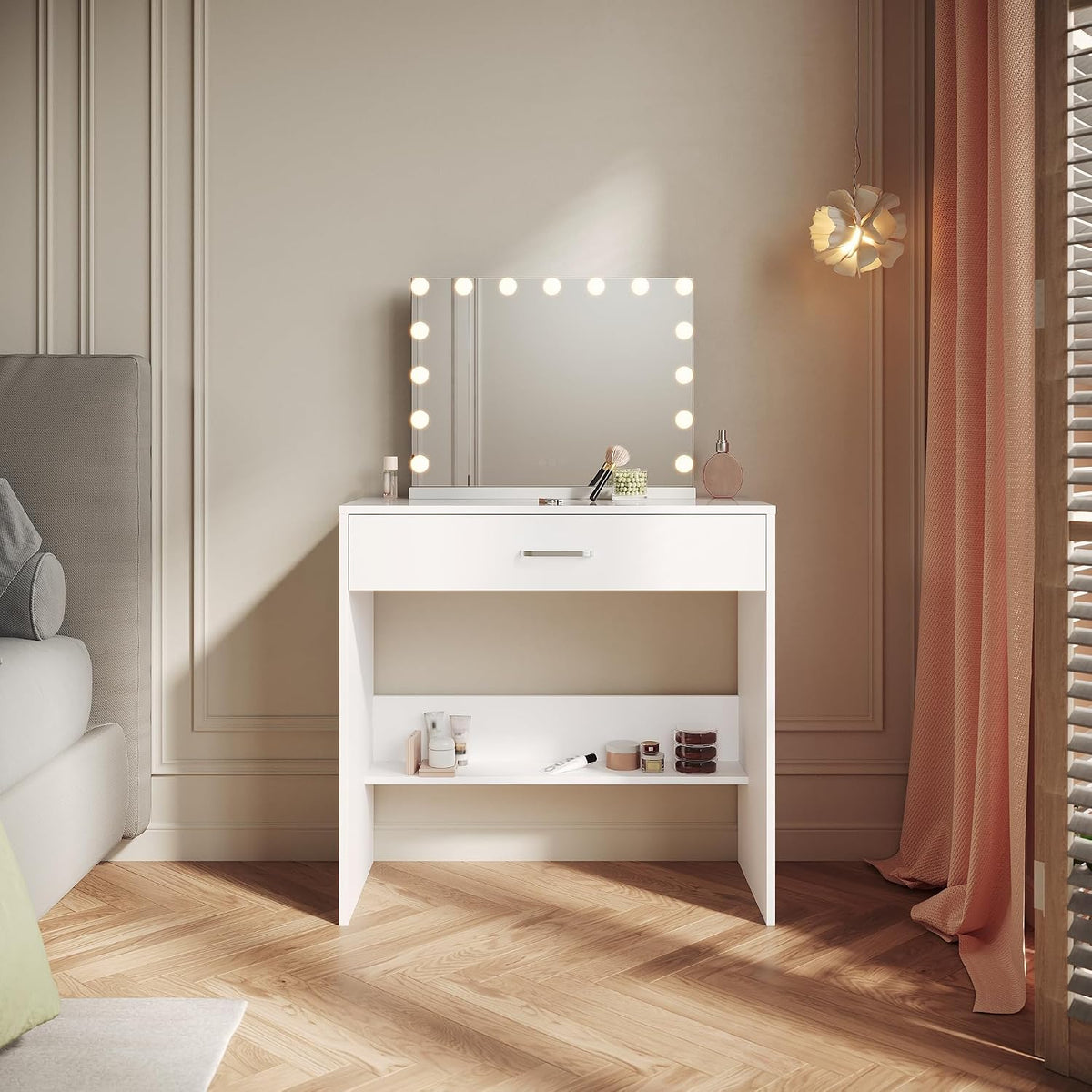 SIRHONA Coiffeuse avec Miroir LED, 3 Couleurs de Lumière Réglable, Coiffeuse avec Grand Tiroir Rangement, Table de Maquillage avec 6 Cloison
