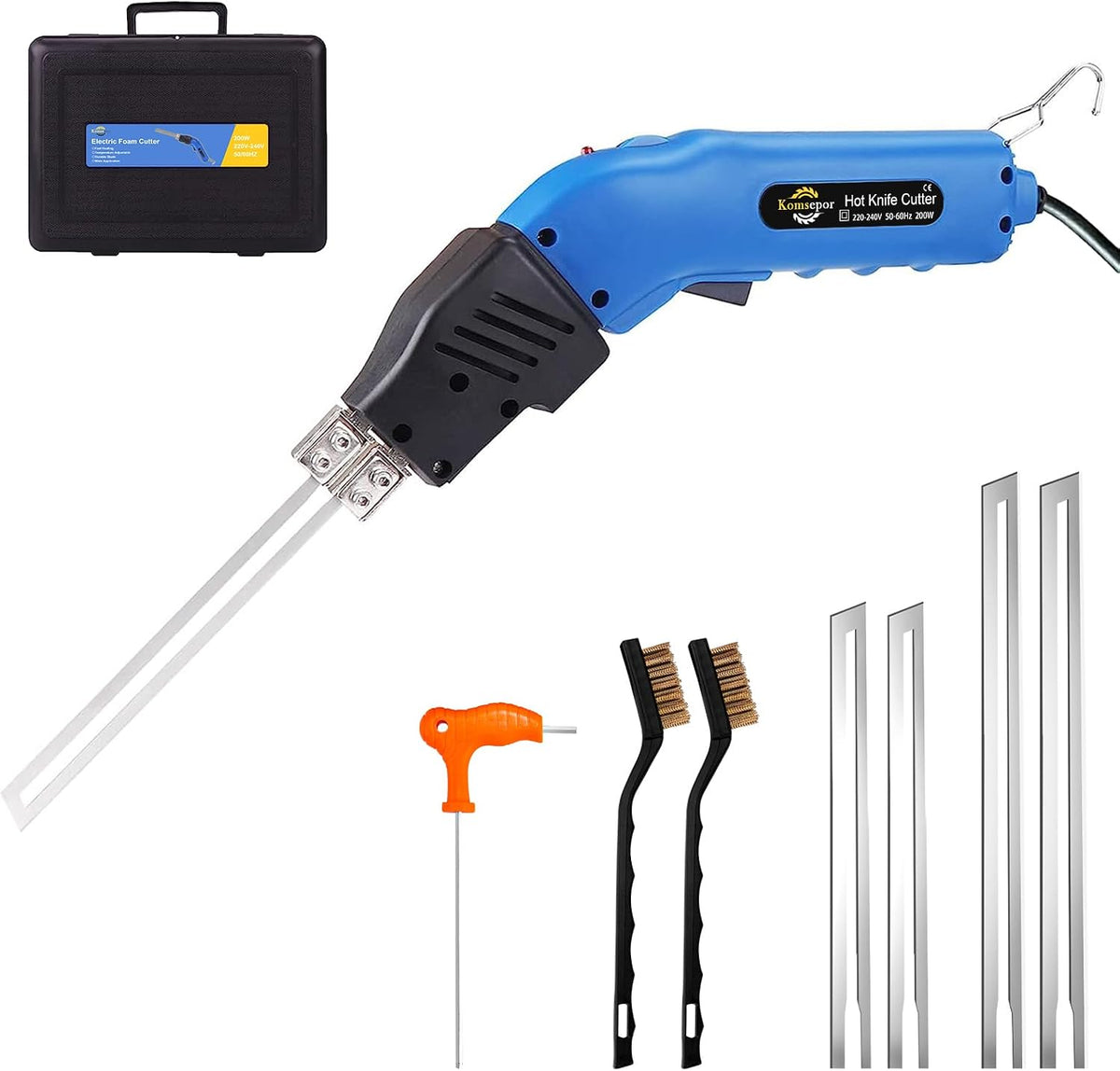 Komsepor 200W Couteau Électrique à Chaud Découpeur de Mousse avec 4 Lames en Nickel-Chrome 0-600 220-240V avec Système de Refroidissement