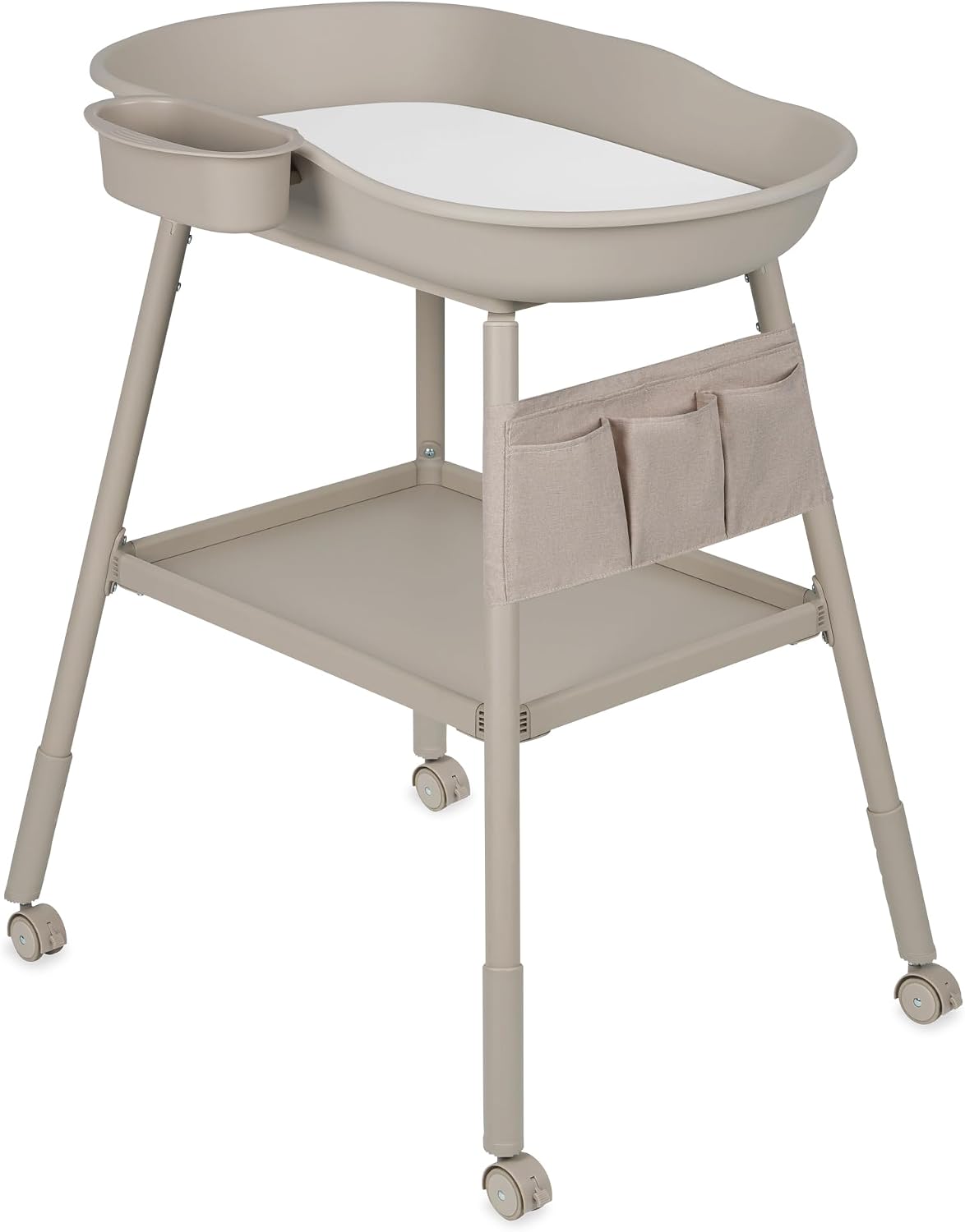 LIONELO Rosie table à langer bébé, mobile sur roulettes, matelas à langer imperméable, hauteur réglable, rangements pour accessoires, bol d'eau