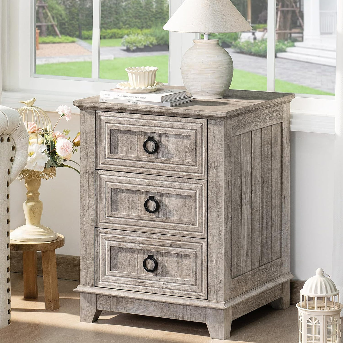 Table de chevet de style campagnard de 46 cm avec 3 tiroirs, commode pour chambre à coucher, table de chevet en bois de chêne