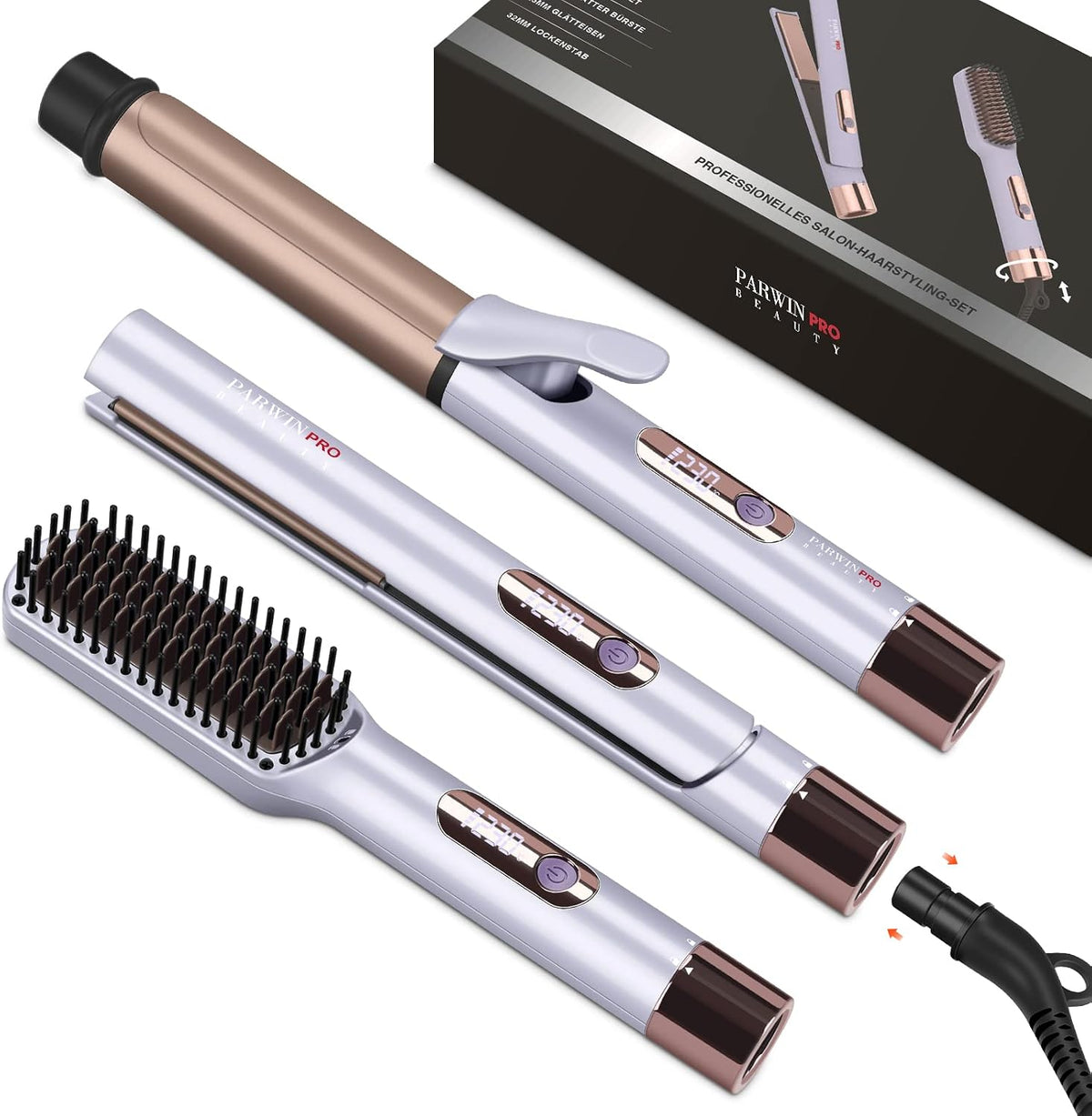 PARWIN PRO BEAUTY Ensemble De Coiffure Professionnel 3 En 1, Comprend Un -Lisseur Cheveux 25 MM -Boucleur 32 MM -Rosse Lissante