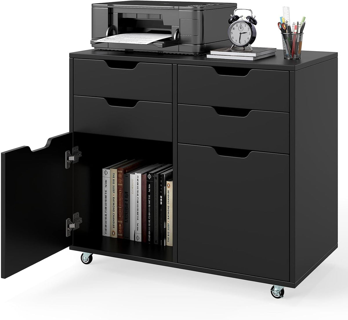 COSTWAY Caisson Bureau à Roulettes 4 Tiroirs, Caisson de Rangement pour A4, Lettre, 2 Grands Placards, Support d'Imprimante 5 Roues