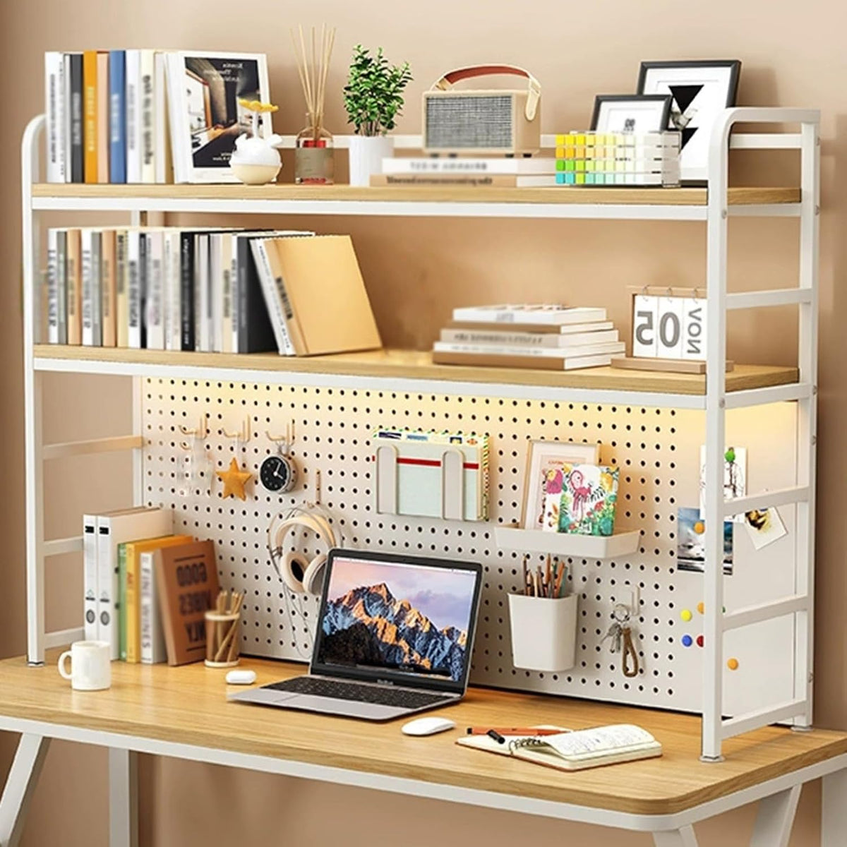 Étagère de Bureau, Organisateur de Bureau à 3 Couches, matériau en Bois et métal, étagère de Rangement réglable, adaptée au dortoir au étude (B, 90cm)