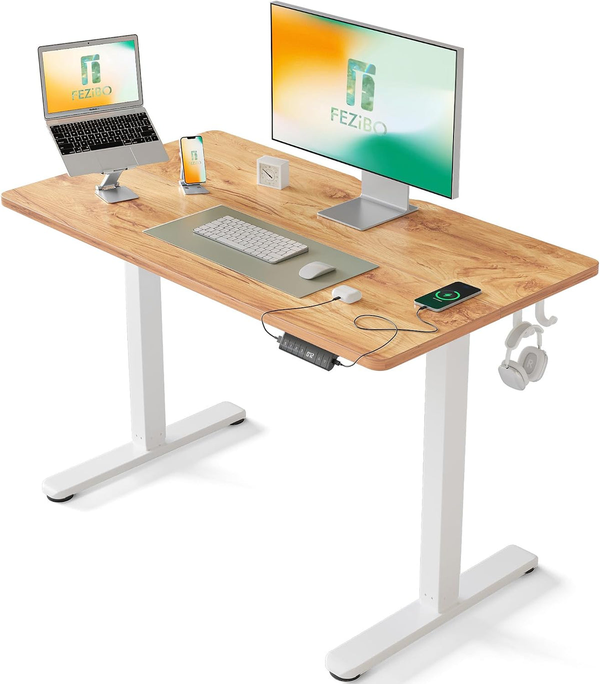 FEZIBO Bureau Assis Debout Électrique, 100 × 60 cmBureau Table Debout Réglable en Hauteur Acier T Pieds avec Système Anti-Collision