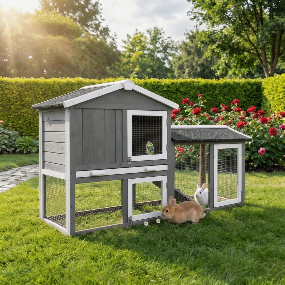 Miweba MyAnimal Clapier Lapin MH-03, Extra Large avec 66 cm - Maison à Deux étages - Cage pour Lapin - Bois de pin - Polyvalent