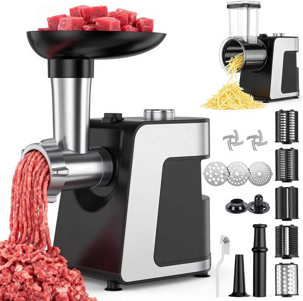 FITNATE Hachoir à Viande Électrique, Robot Multifonction avec Tube à Saucisses, Râpe à Fromage & Coupe-Légumes