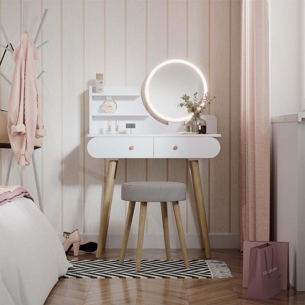 Vicco Coiffeuse Edda, Blanc, 80 cm avec éclairage LED et Tabouret