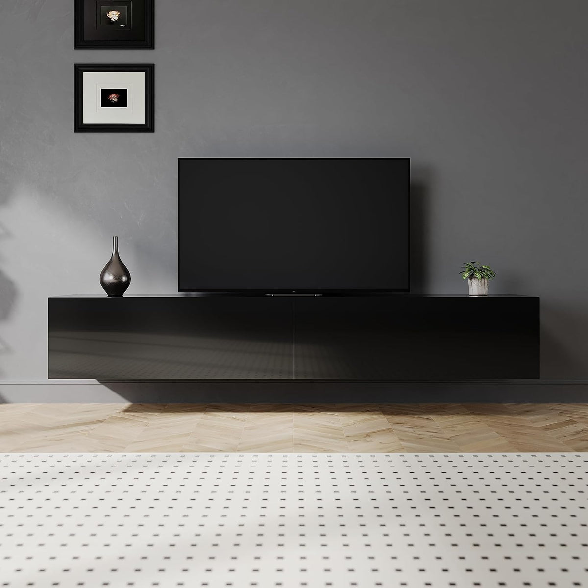 SIRHONA Meuble TV Noir, Meuble Tele Peut être Suspendu ou Posé au Sol, 2 Placards avec Portes, Super Espace de Rangement, 180x40x30cm