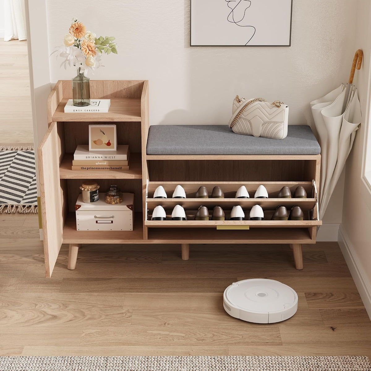 Banc Chaussures Entrée, Banc de Rangement avec Coussin, Meuble Chaussure avec Espace de Rangement