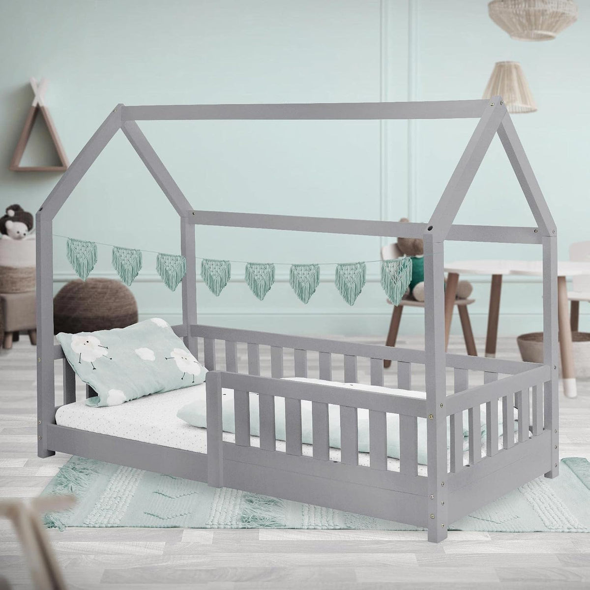 ML-Design Lit Cabane Enfant 80x160 cm Gris Clair en Bois Massif avec Protection Contre la Chute, Toit et Sommier à Lattes, Style Maison