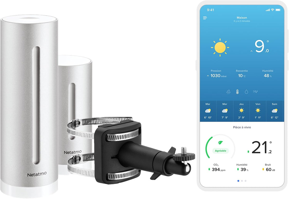 Netatmo Station Météo Intérieur Extérieur Connectée sans Fil avec Support Mural - Compatible Alexa, Apple et Google Home