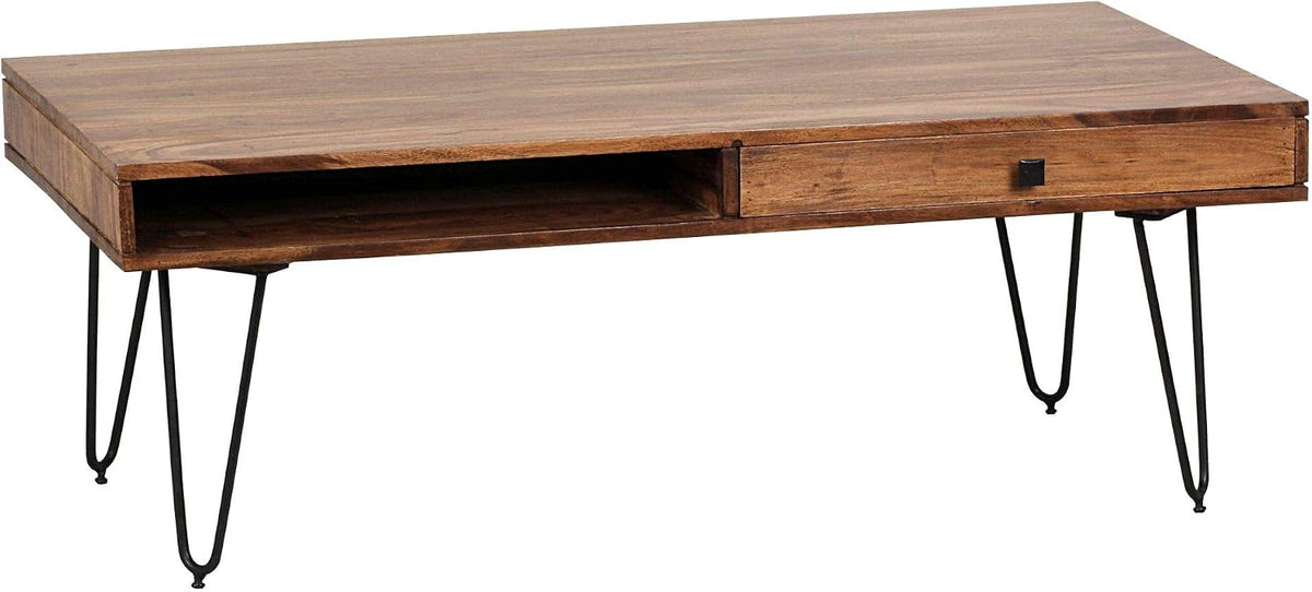 FineBuy Table basse en bois massif avec 2 tiroirs 120 x 60 x 40 cm