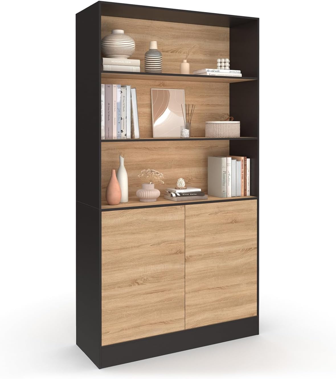 IDMarket - Etagère bibliothèque Carla 3 Niveaux XXL 1 Placard Noir et Effet Bois 190 cm