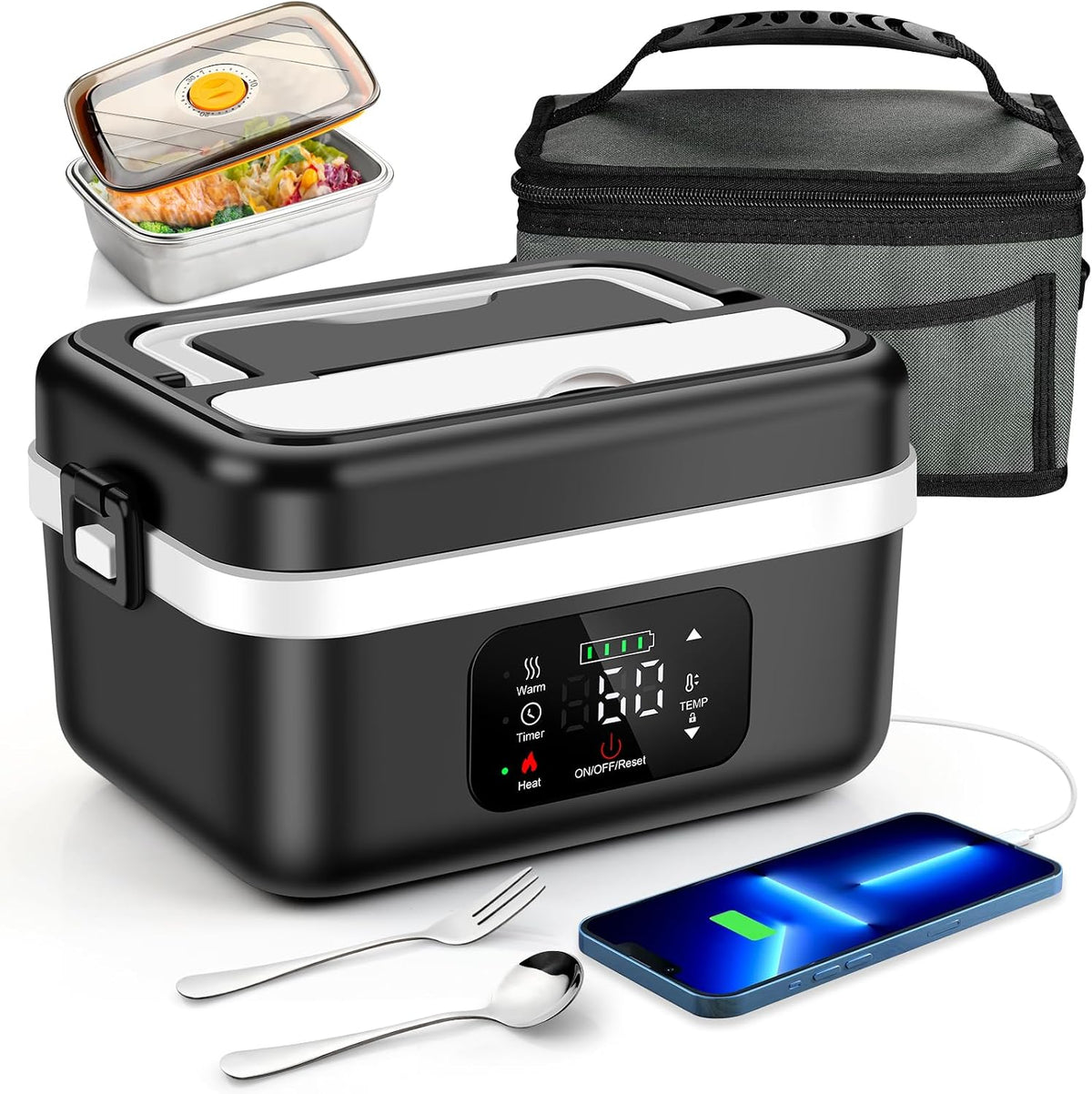 Boîte à déjeuner électrique sans fil, alimentée par piles pour adulte, chauffe-aliments portable en acier inoxydable avec vaisselle et sac isotherme