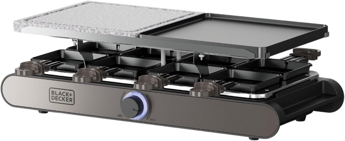 Black+Decker, Raclette, 8 convives, Plaques 21 x 21 cm, Température réglable, 1400 W, Plaque réversible et antiadhésive, Pierre naturelle